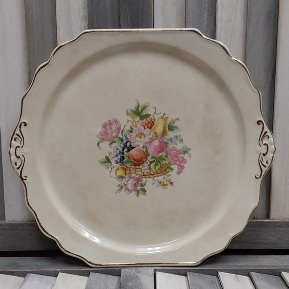 Vintage Bakerite Cake Plate 22K Gold Rim Fruits & Flowers - Picture 1 of 7